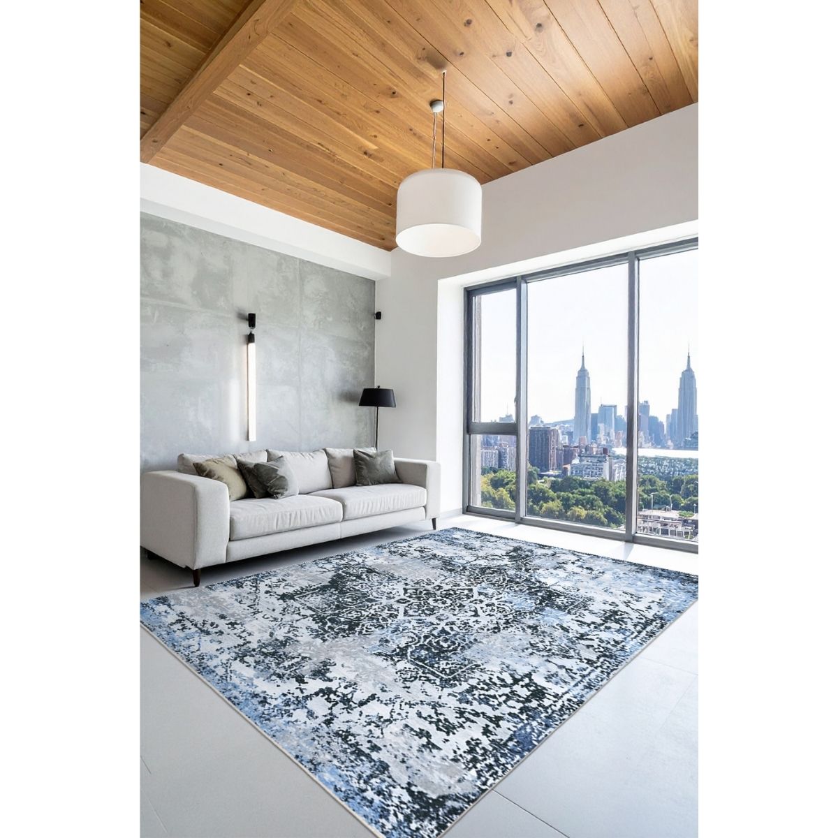 Ottofis FR103 Eskitme Desenli Mavi Gri Modern Dekoratif Halı