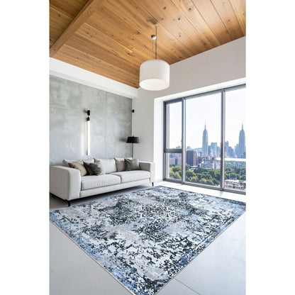 Ottofis FR103 Eskitme Desenli Mavi Gri Modern Dekoratif Halı
