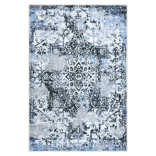 Ottofis FR103 Eskitme Desenli Mavi Gri Modern Dekoratif Halı