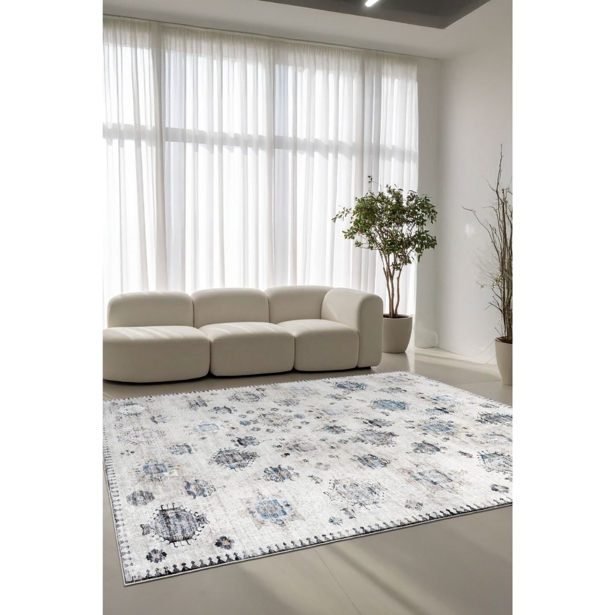 Ottofis FR110 Klasik Motifli Mavi Gri Eskitme Dekoratif Halı