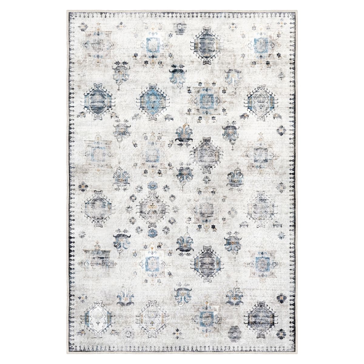 Ottofis FR110 Klasik Motifli Mavi Gri Eskitme Dekoratif Halı