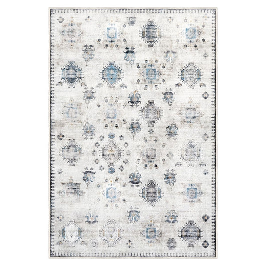 Ottofis FR110 Klasik Motifli Mavi Gri Eskitme Dekoratif Halı
