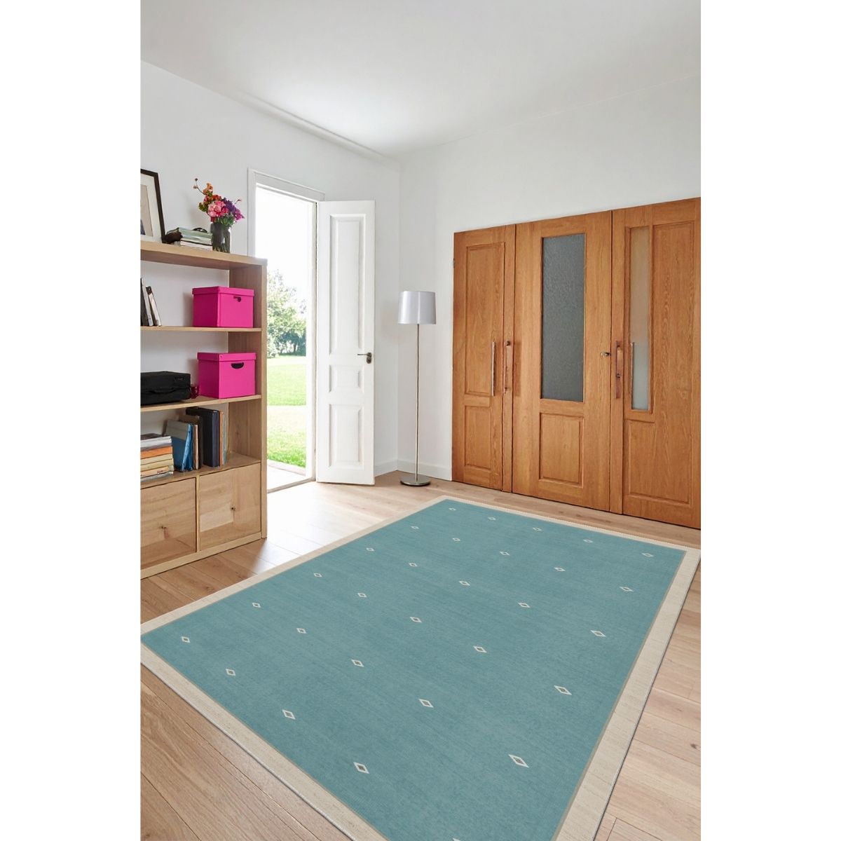 FR119 Minimal Desenli Turkuaz Dijital Baskı Modern Halı