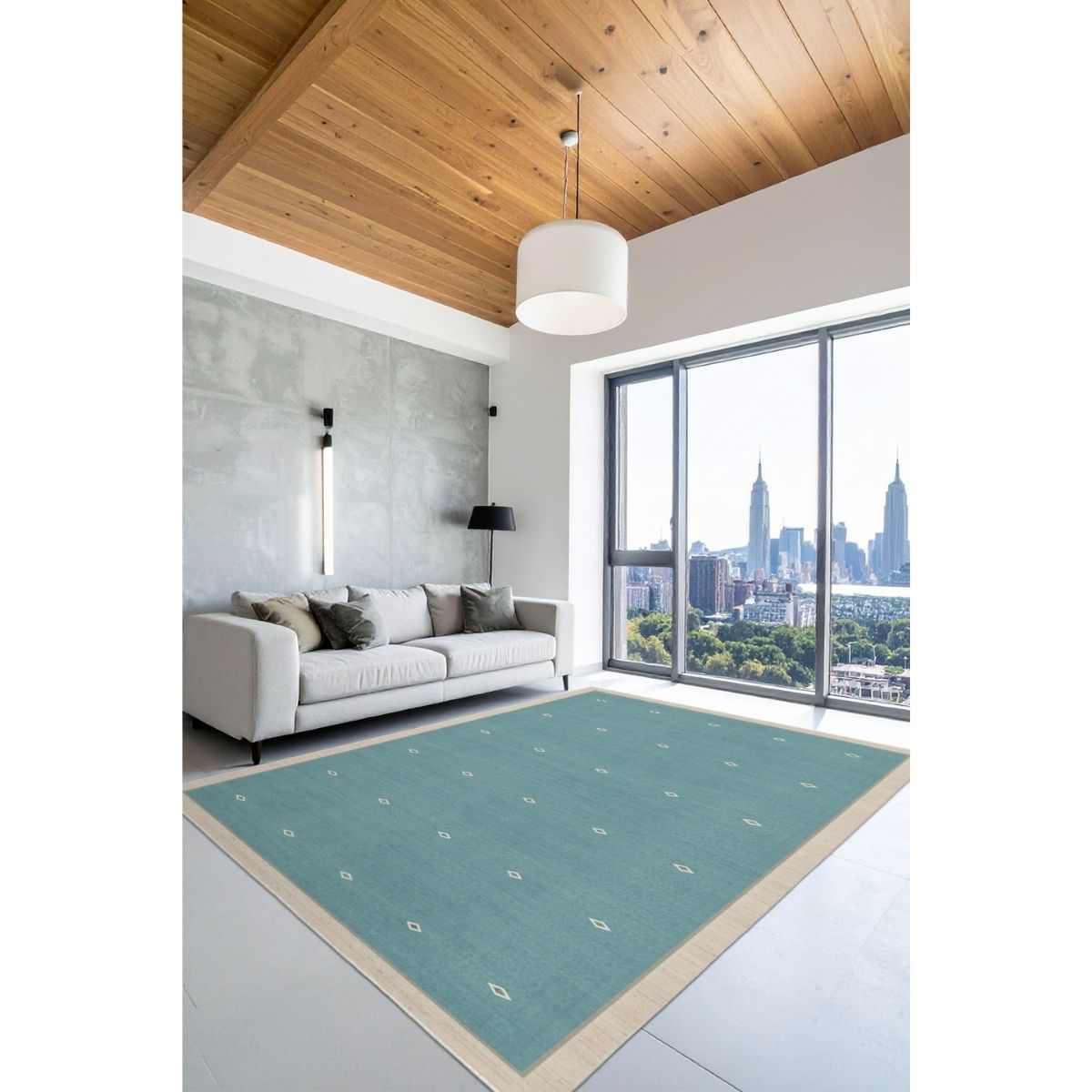 FR119 Minimal Desenli Turkuaz Dijital Baskı Modern Halı