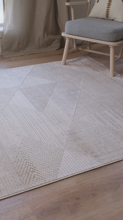 Impressive Serisi Modern Geometrik Tasarım Bej Krem Kahve Salon Yatak Odası Halısı