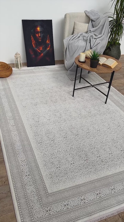 Concept Koleksiyonu Bej-Gri Saçaklı Modern Salon Halısı
