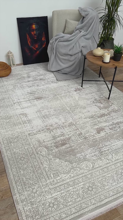 Concept Koleksiyonu Bej-Gri Saçaklı Modern Salon Halısı