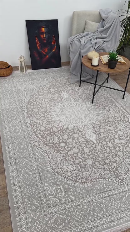 Concept Koleksiyonu Bej-Gri Saçaklı Modern Salon Halısı