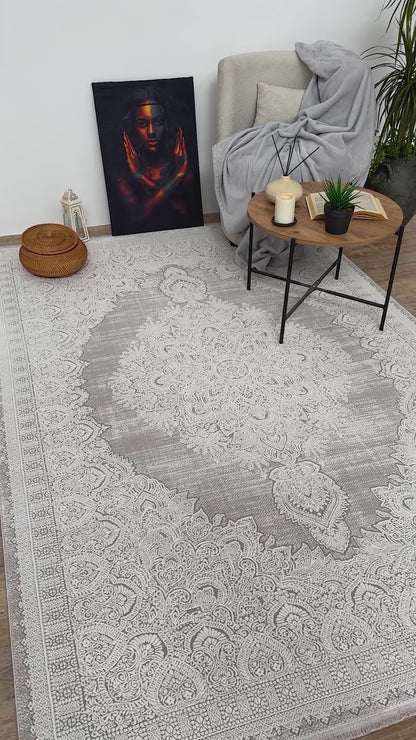 Concept Koleksiyonu Bej-Gri Saçaklı 6 Metrekare Seçenekli Modern Salon Halısı