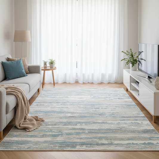 Impressive Koleksiyonu 4 Metrekare Bej Krem Mavi Modern Salon Mutfak Yatak Odası Halısı - Ottofis Halı